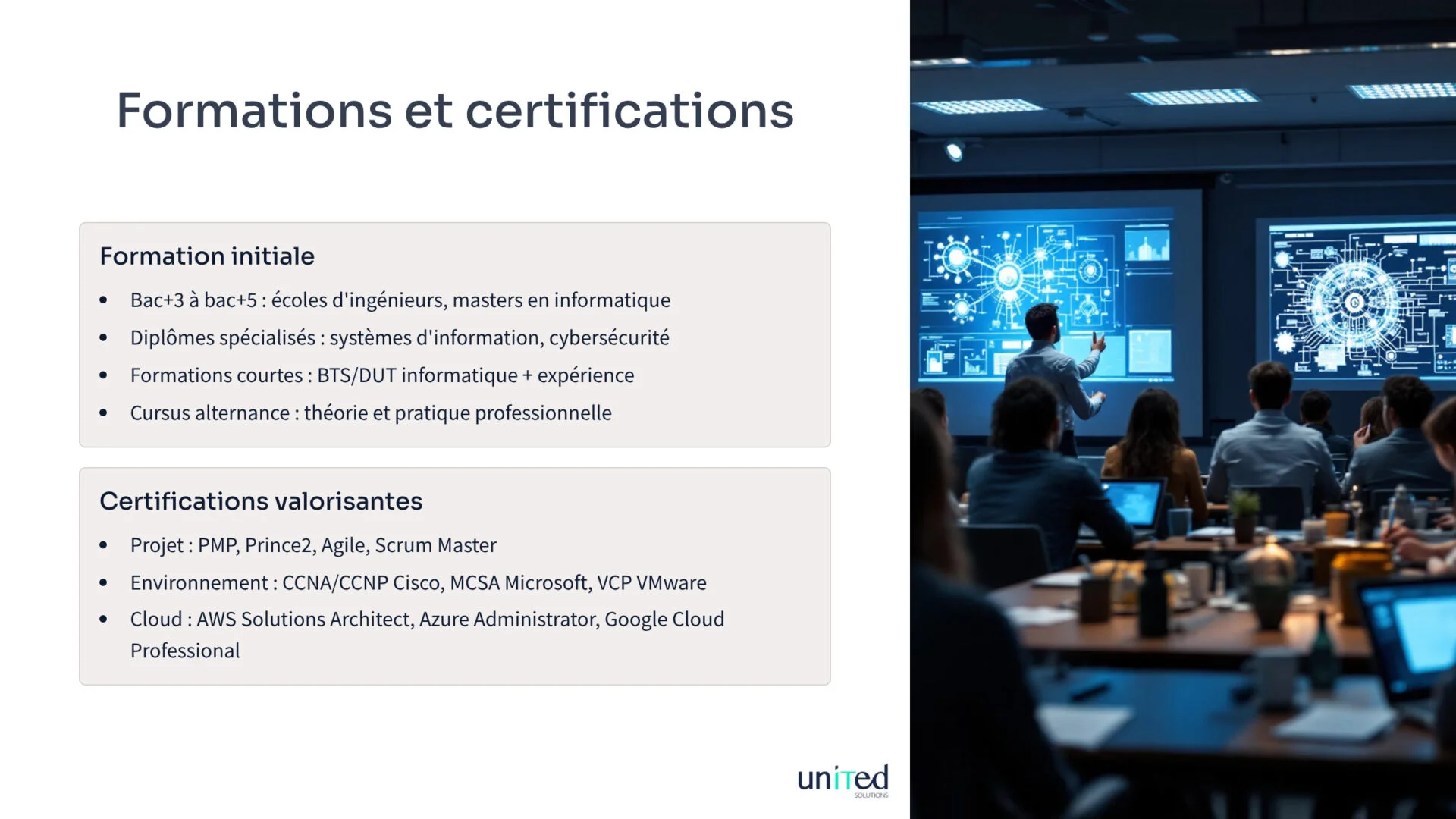 Liste des formations et certifications pour le métier de chef de projet infrastructure.