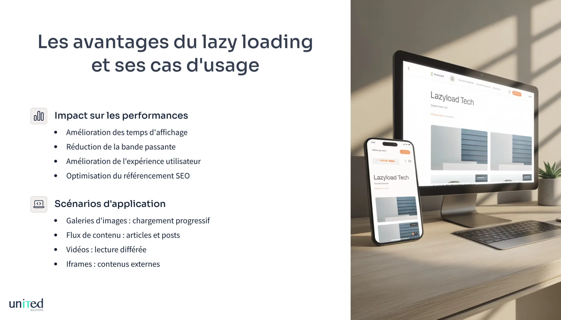 Infographie montrant les avantages du lazy loading et ses cas d'usage comme les galeries d'images et les vidéos.