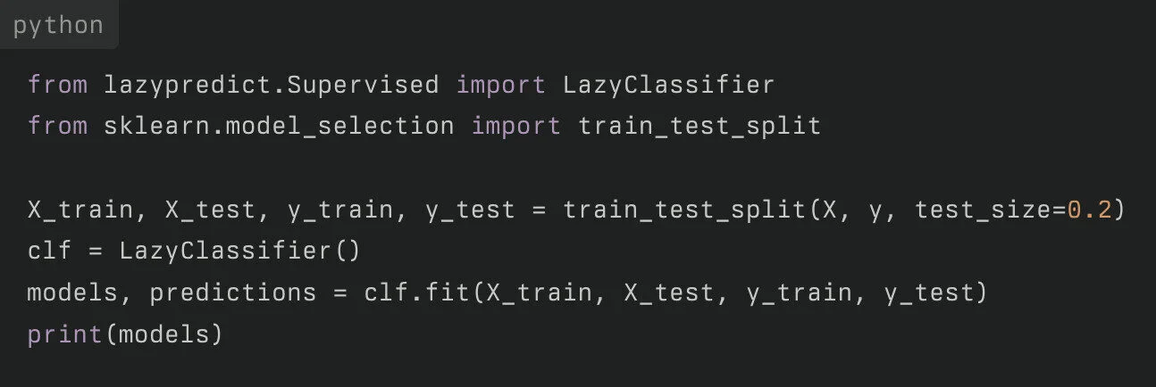 Exemple de code Python utilisant LazyClassifier pour la classification automatisée